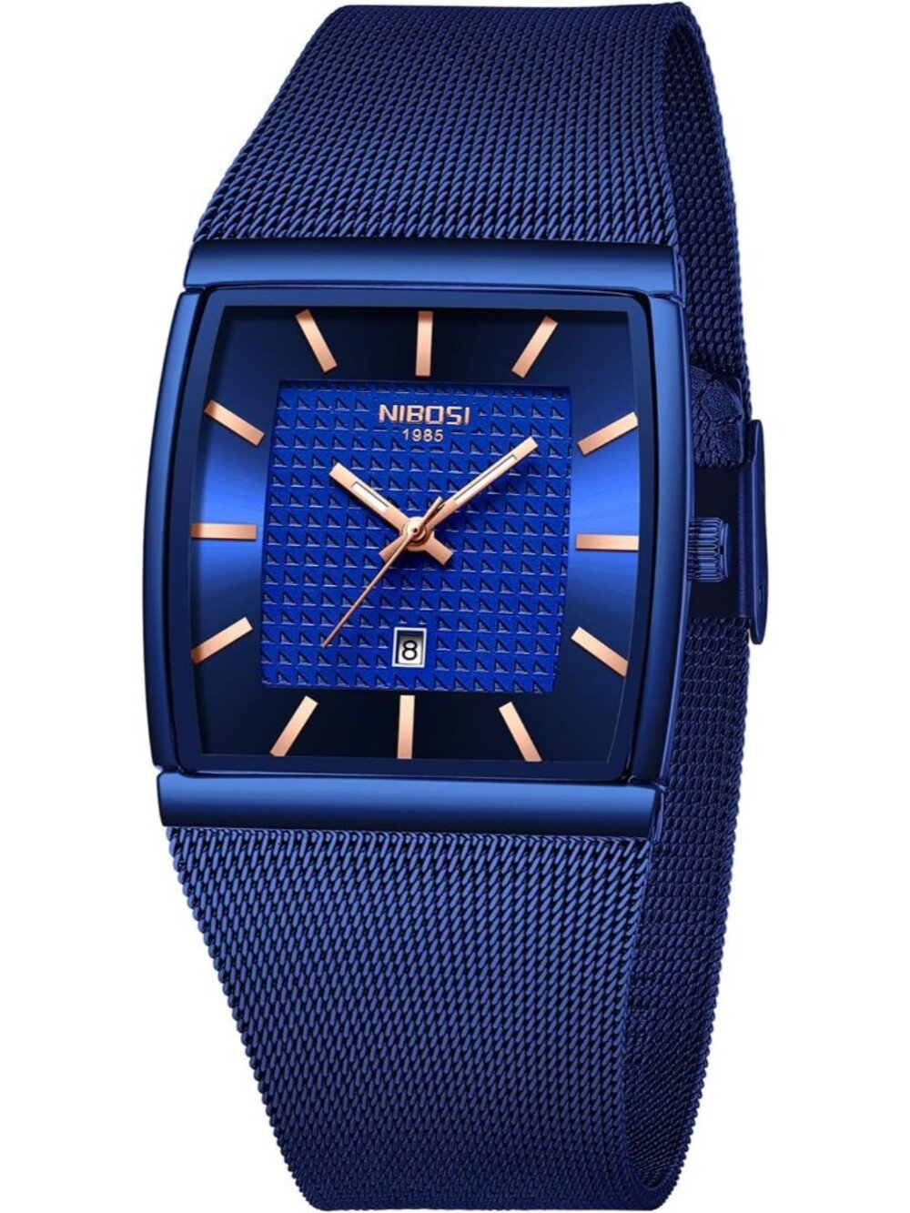 Nibosi Men's Blue Square Analog Quartz Stainless Mesh Strap Waterproof Watch